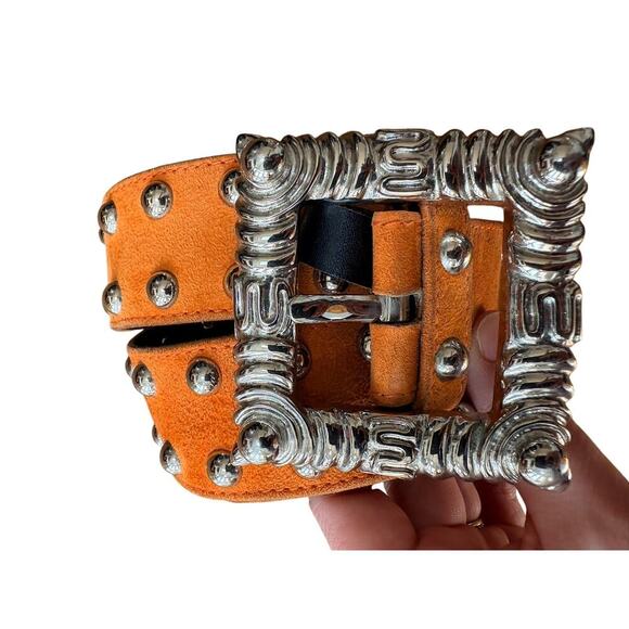 1980s Vintage Escada Studded Suede Leather Belt Sienna Orange Statement Buckle main image 6
